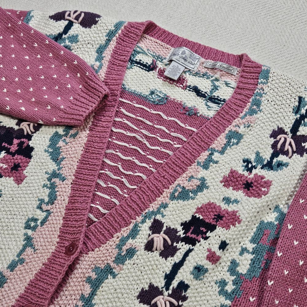VTG Paris Sport Club Cardigan Womens Medium Cottage Heart Grandma Boxy Hand Knit